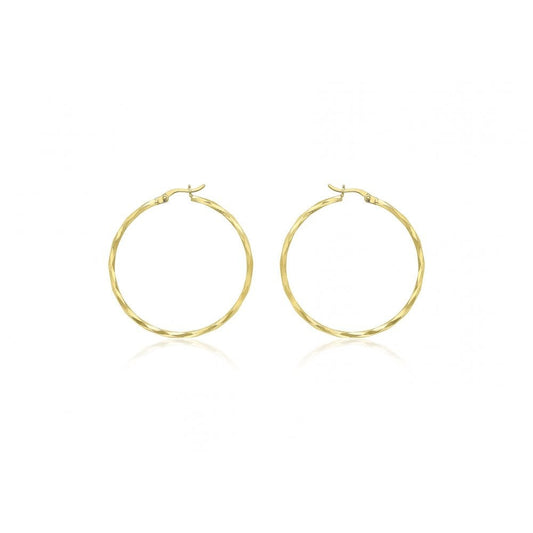 9CT YELLOW GOLD 38MM DIAMOND CUT FACETED HOOP CREOLE EARRINGS