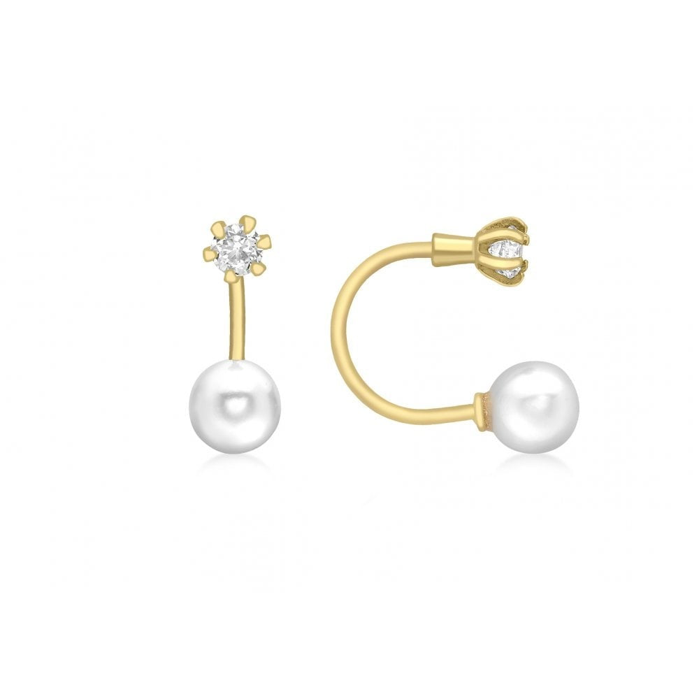 9CT YELLOW GOLD 3MM ROUND CZ AND 5MM PEARL JACKET EARRINGS