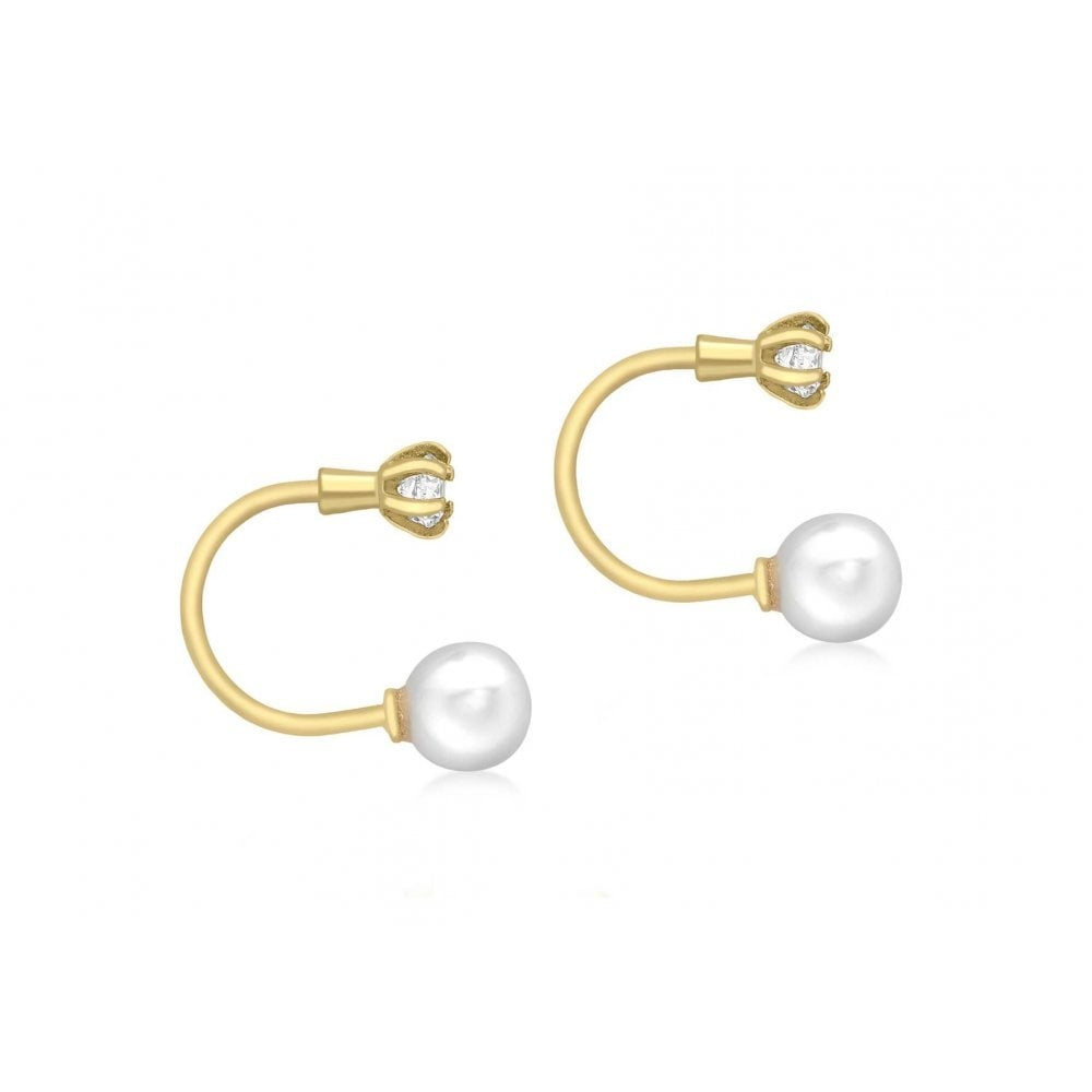 9CT YELLOW GOLD 3MM ROUND CZ AND 5MM PEARL JACKET EARRINGS