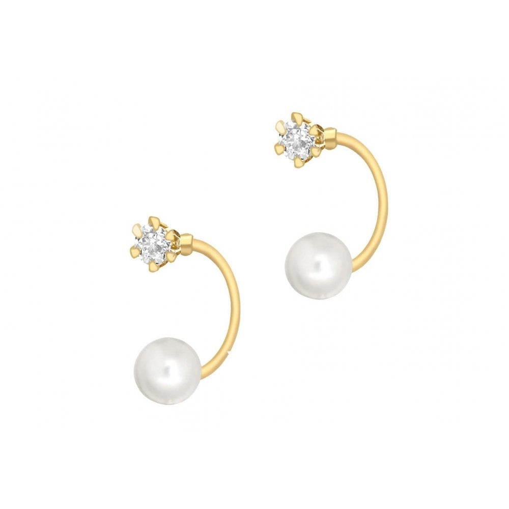 9CT YELLOW GOLD 3MM ROUND CZ AND 5MM PEARL JACKET EARRINGS