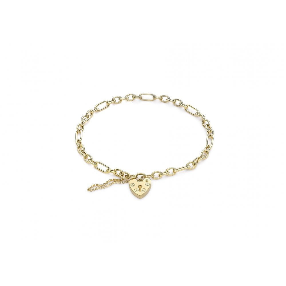 9CT YELLOW GOLD 4MM STRAIGHT FIGARO CHAIN PADLOCK AND SAFETY CHAIN BRACELET