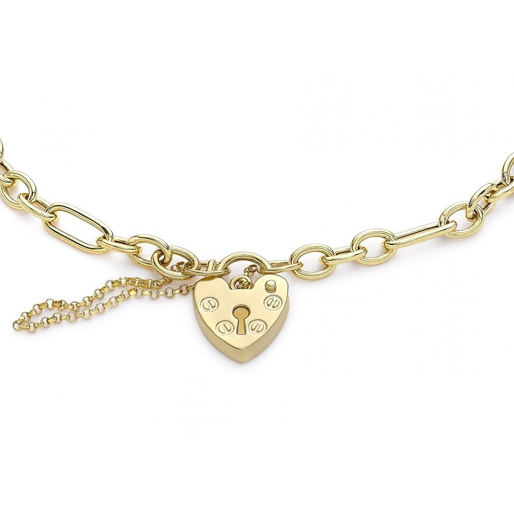 9CT YELLOW GOLD 4MM STRAIGHT FIGARO CHAIN PADLOCK AND SAFETY CHAIN BRACELET