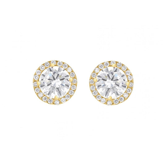 9CT YELLOW GOLD 6MM ROUND CZ AND PAVE SET 9MM STUD EARRINGS