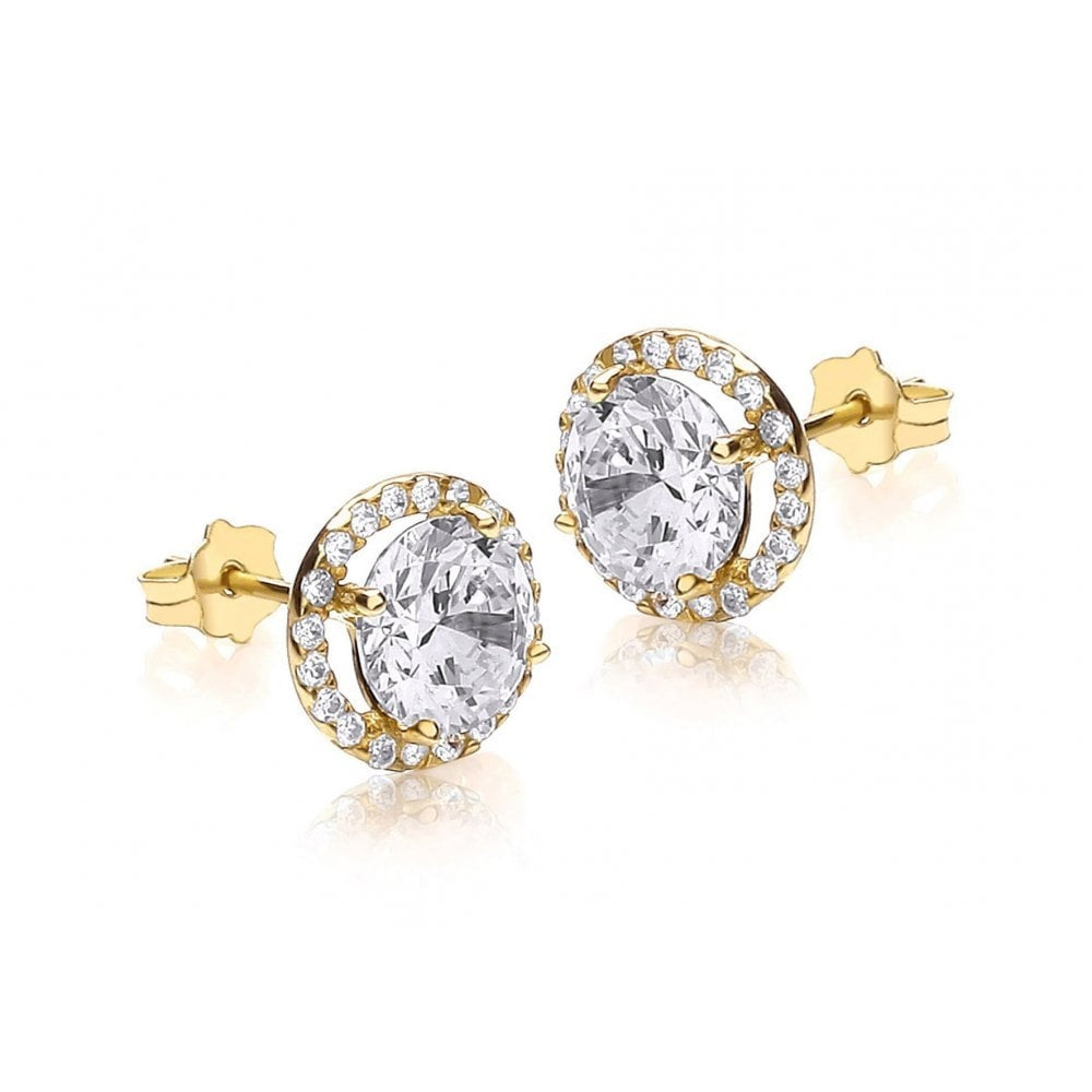 9CT YELLOW GOLD 6MM ROUND CZ AND PAVE SET 9MM STUD EARRINGS