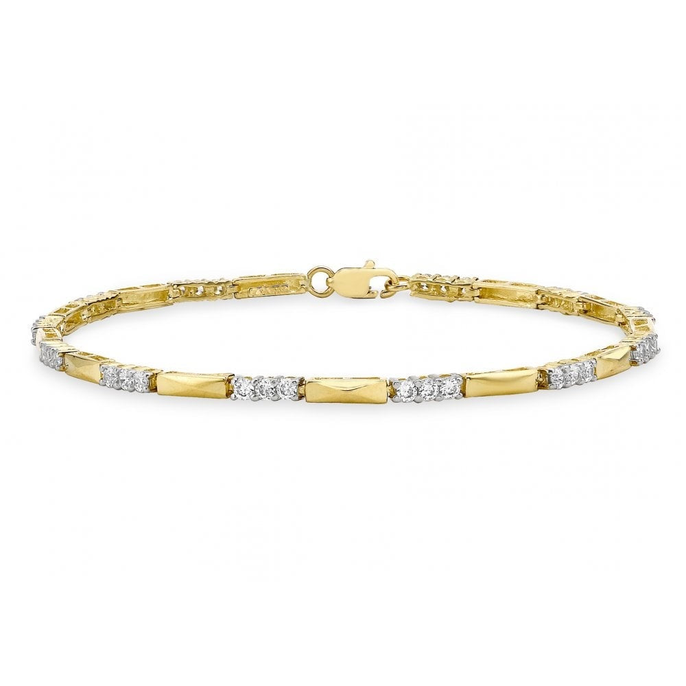 9CT YELLOW GOLD BAR AND CZ LINK BRACELET 19CM/7.5"