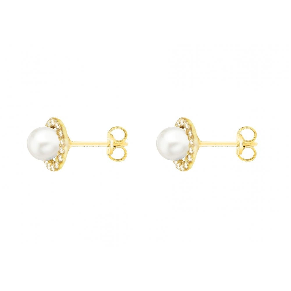 9CT YELLOW GOLD CZ AND 5MM PEARL 8MM ROUND STUD EARRINGS