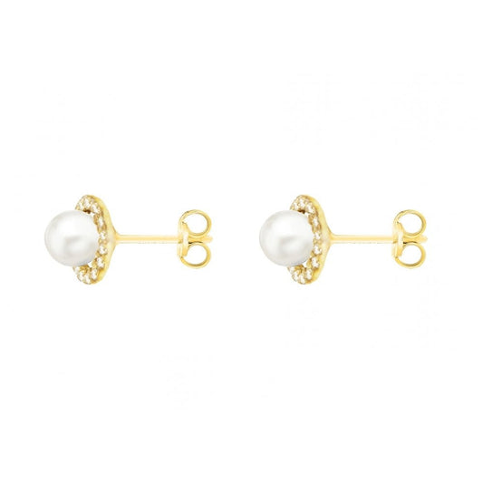 9CT YELLOW GOLD CZ AND 5MM PEARL 8MM ROUND STUD EARRINGS