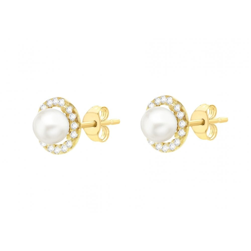 9CT YELLOW GOLD CZ AND 5MM PEARL 8MM ROUND STUD EARRINGS