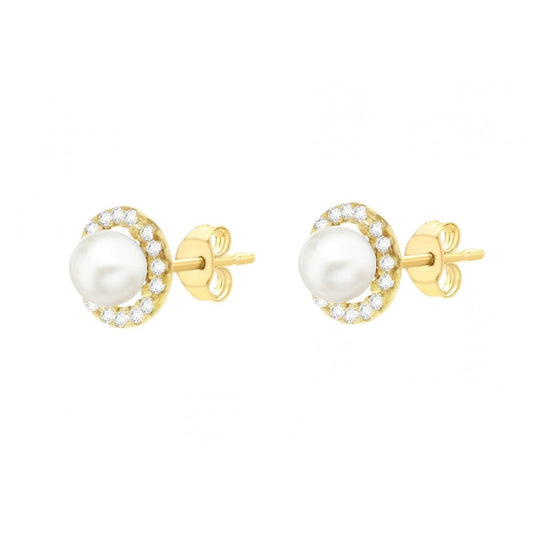 9CT YELLOW GOLD CZ AND 5MM PEARL 8MM ROUND STUD EARRINGS