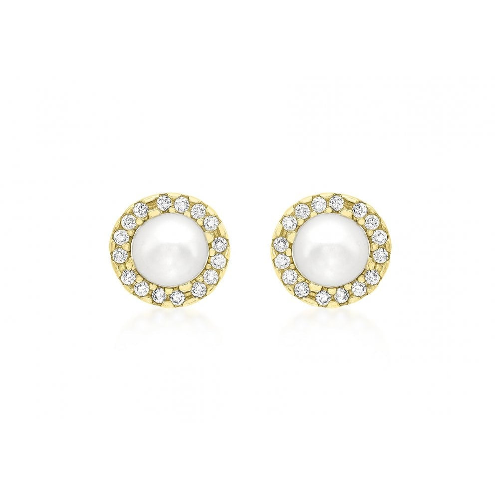 9CT YELLOW GOLD CZ AND 5MM PEARL 8MM ROUND STUD EARRINGS