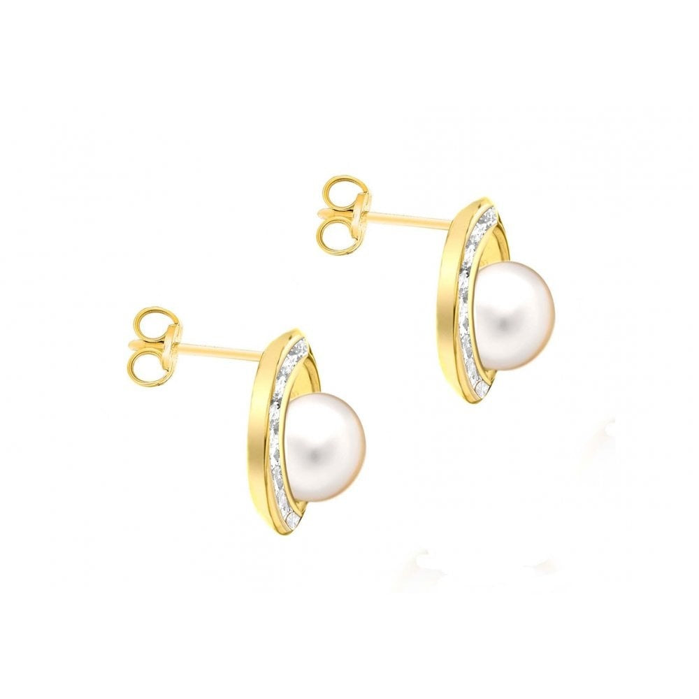 9CT YELLOW GOLD CZ AND 6MM PEARL 12MM STUD EARRINGS