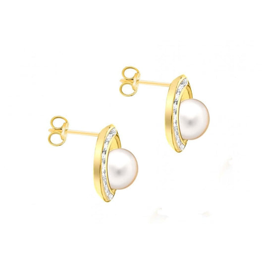 9CT YELLOW GOLD CZ AND 6MM PEARL 12MM STUD EARRINGS