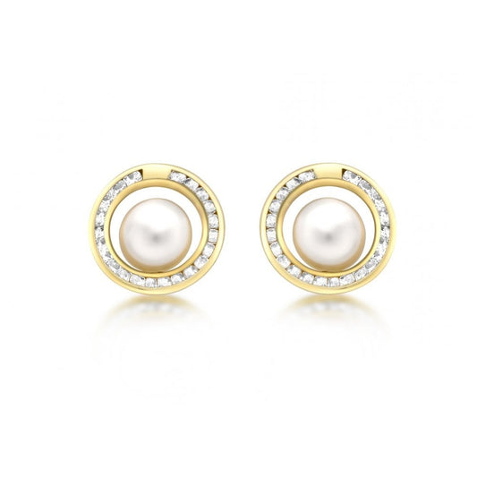 9CT YELLOW GOLD CZ AND 6MM PEARL 12MM STUD EARRINGS