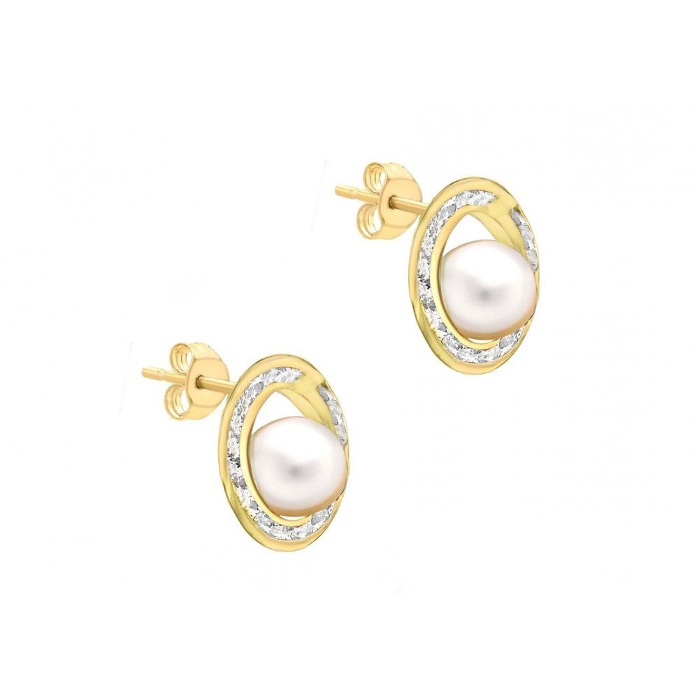 9CT YELLOW GOLD CZ AND 6MM PEARL 12MM STUD EARRINGS