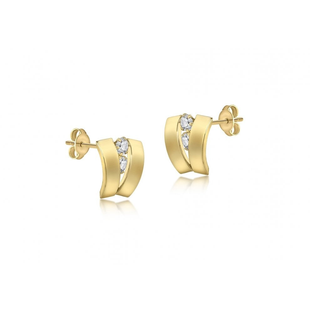 9CT YELLOW GOLD CZ AND DOUBLE-BAND 9.6MM X 10.6MM STUD EARRINGS