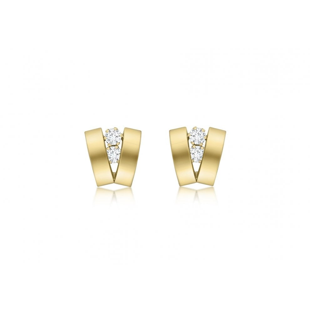9CT YELLOW GOLD CZ AND DOUBLE-BAND 9.6MM X 10.6MM STUD EARRINGS