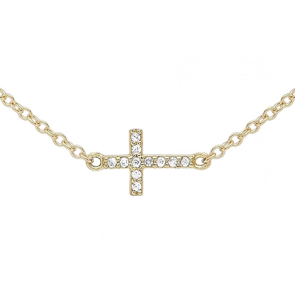 9CT YELLOW GOLD CZ TRIPLE-CROSS ADJUSTABLE NECKLACE