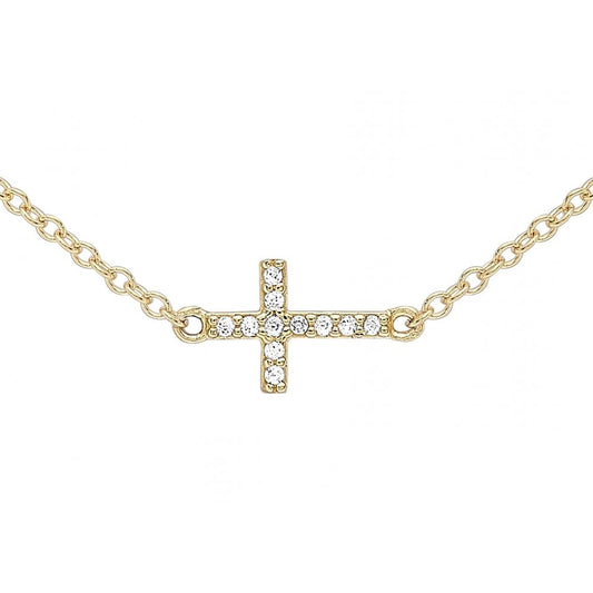9CT YELLOW GOLD CZ TRIPLE-CROSS ADJUSTABLE NECKLACE