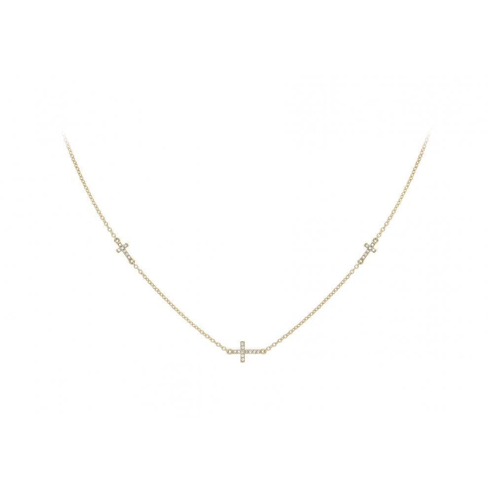 9CT YELLOW GOLD CZ TRIPLE-CROSS ADJUSTABLE NECKLACE