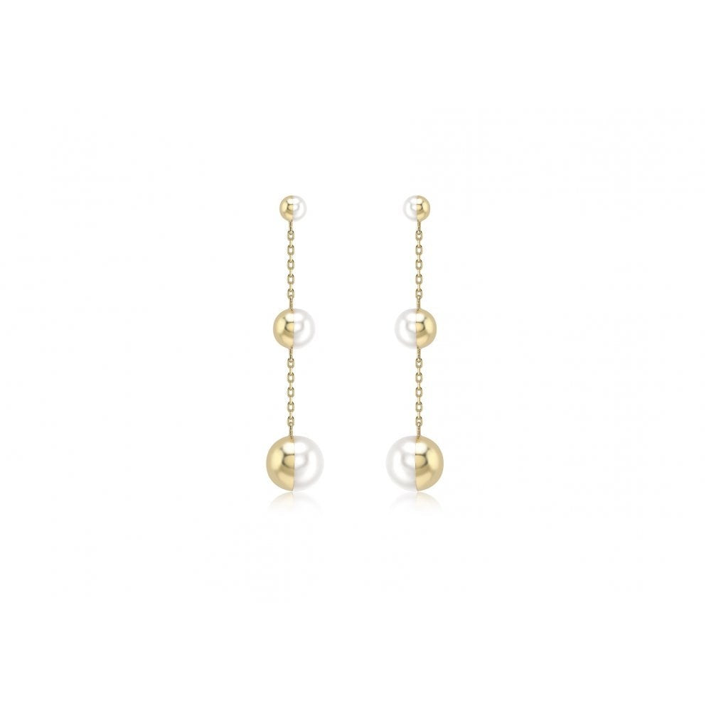 9CT YELLOW GOLD HALF-COVERED FRESH WATER PEARL 8.3MM X 43MM GRADUATED DROP EARRINGS