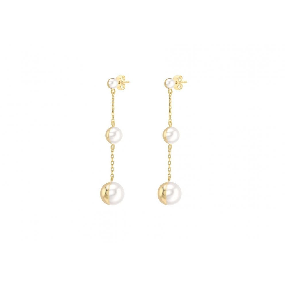 9CT YELLOW GOLD HALF-COVERED FRESH WATER PEARL 8.3MM X 43MM GRADUATED DROP EARRINGS
