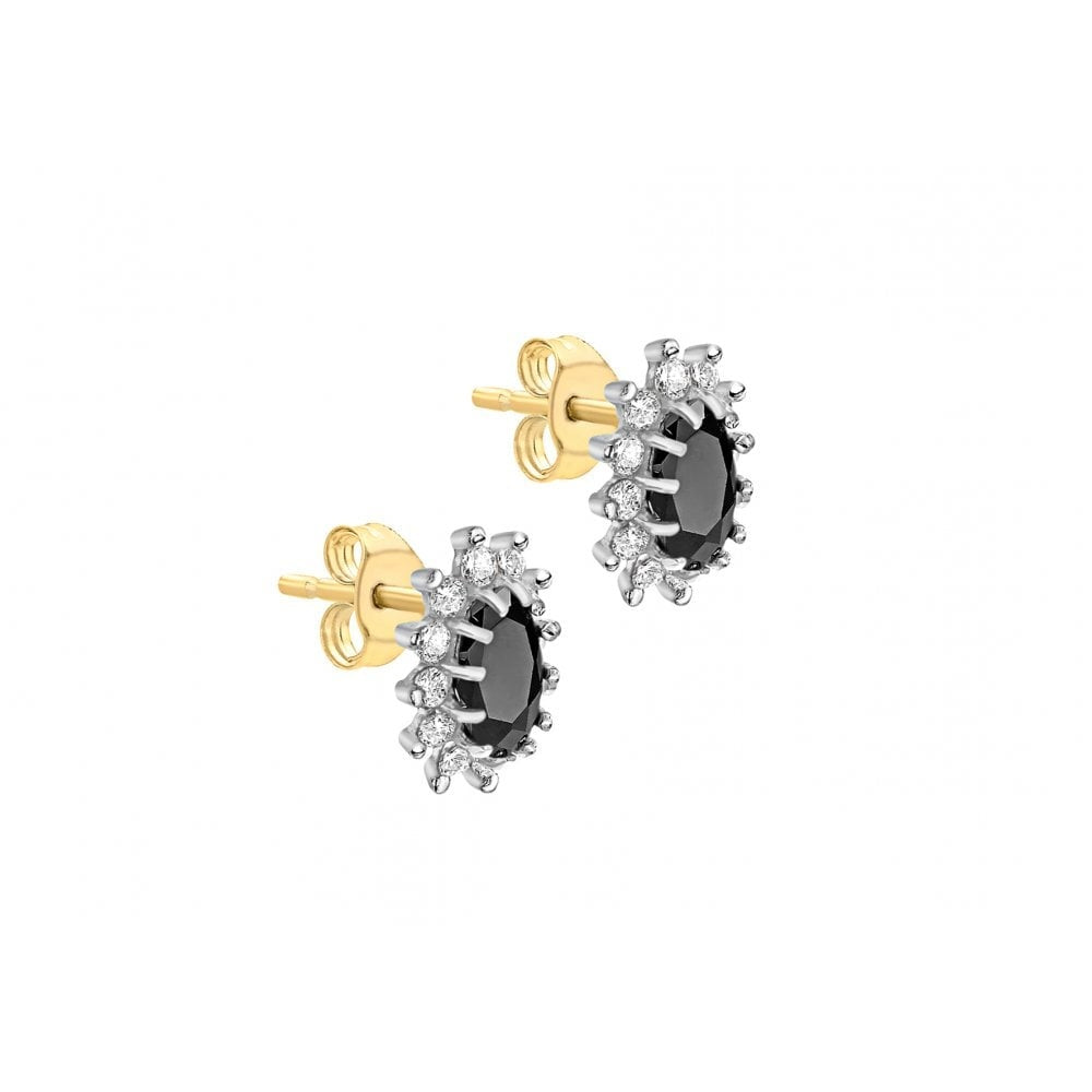 9CT YELLOW GOLD OVAL BLACK SAPPHIRE AND CZ STUD EARRINGS