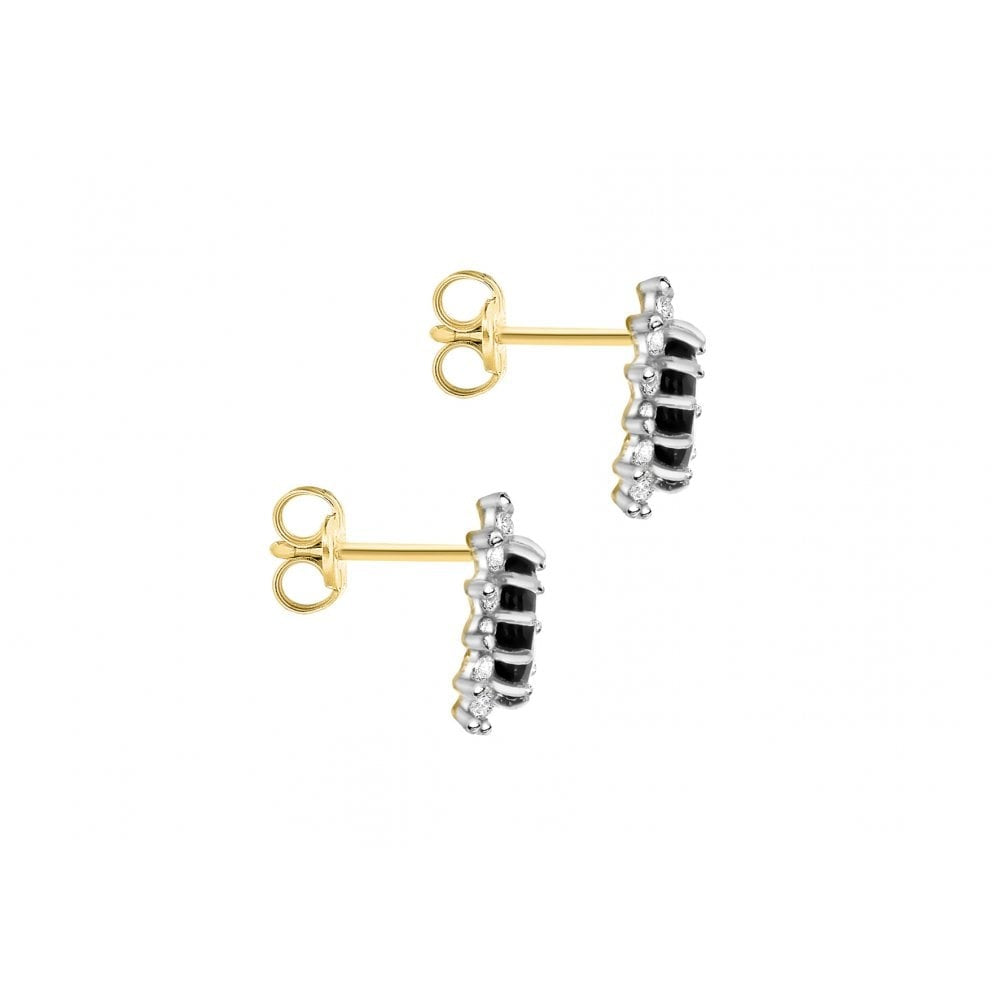 9CT YELLOW GOLD OVAL BLACK SAPPHIRE AND CZ STUD EARRINGS