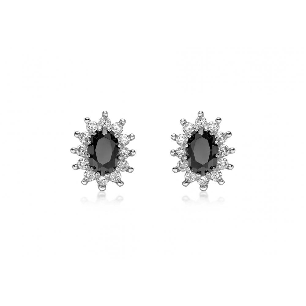 9CT YELLOW GOLD OVAL BLACK SAPPHIRE AND CZ STUD EARRINGS