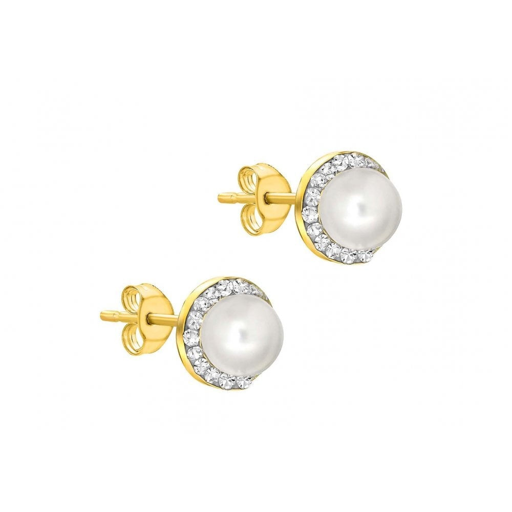 9CT YELLOW GOLD PAVE SET CZ AND PEARL 8MM STUD EARRINGS
