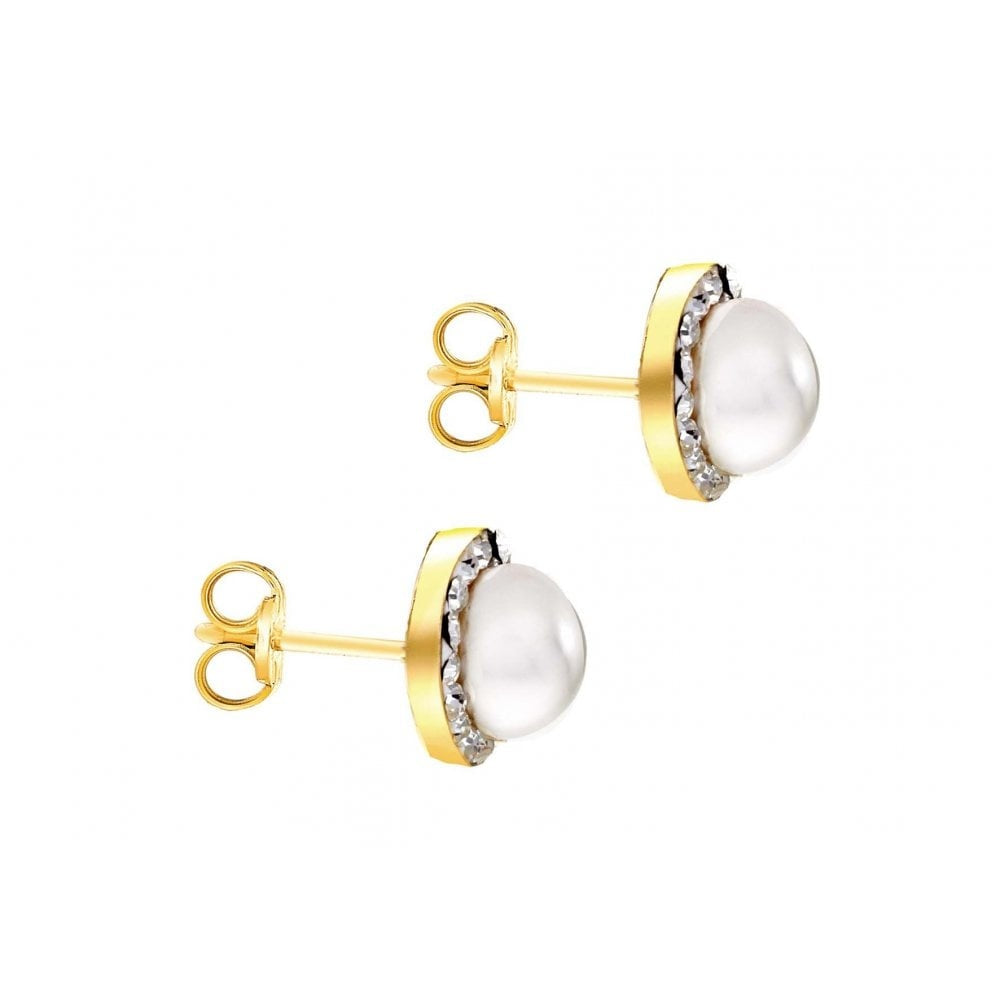 9CT YELLOW GOLD PAVE SET CZ AND PEARL 8MM STUD EARRINGS