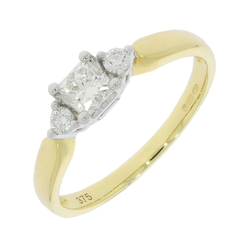 9CT Yellow Gold Princess cut Diamond Centre with a Round Diamond on either side