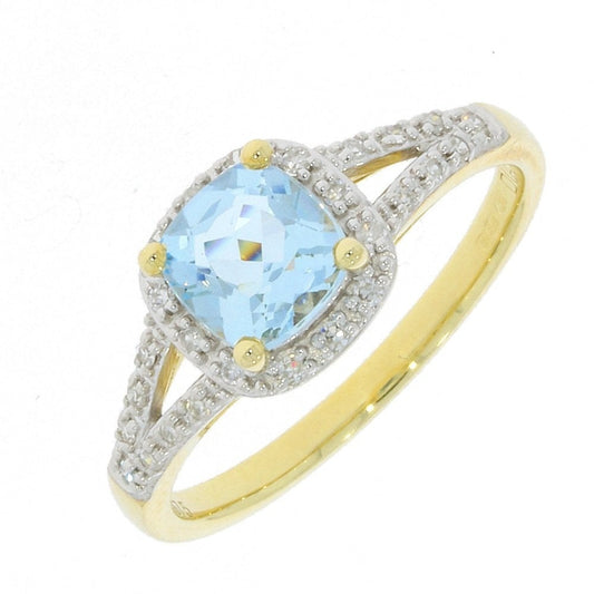 9ct Aquamarine & Diamond Ring with open style Diamond shoulders