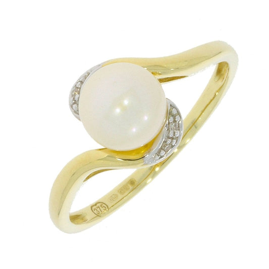 9ct Gold Freshwater Pearl & Diamond Twist set Ring with 0.07ct Diamond