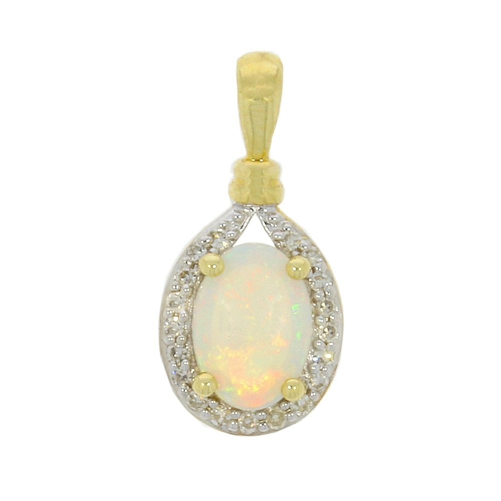 9ct Gold Oval Opal & Diamond Pendant with 0.07ct
