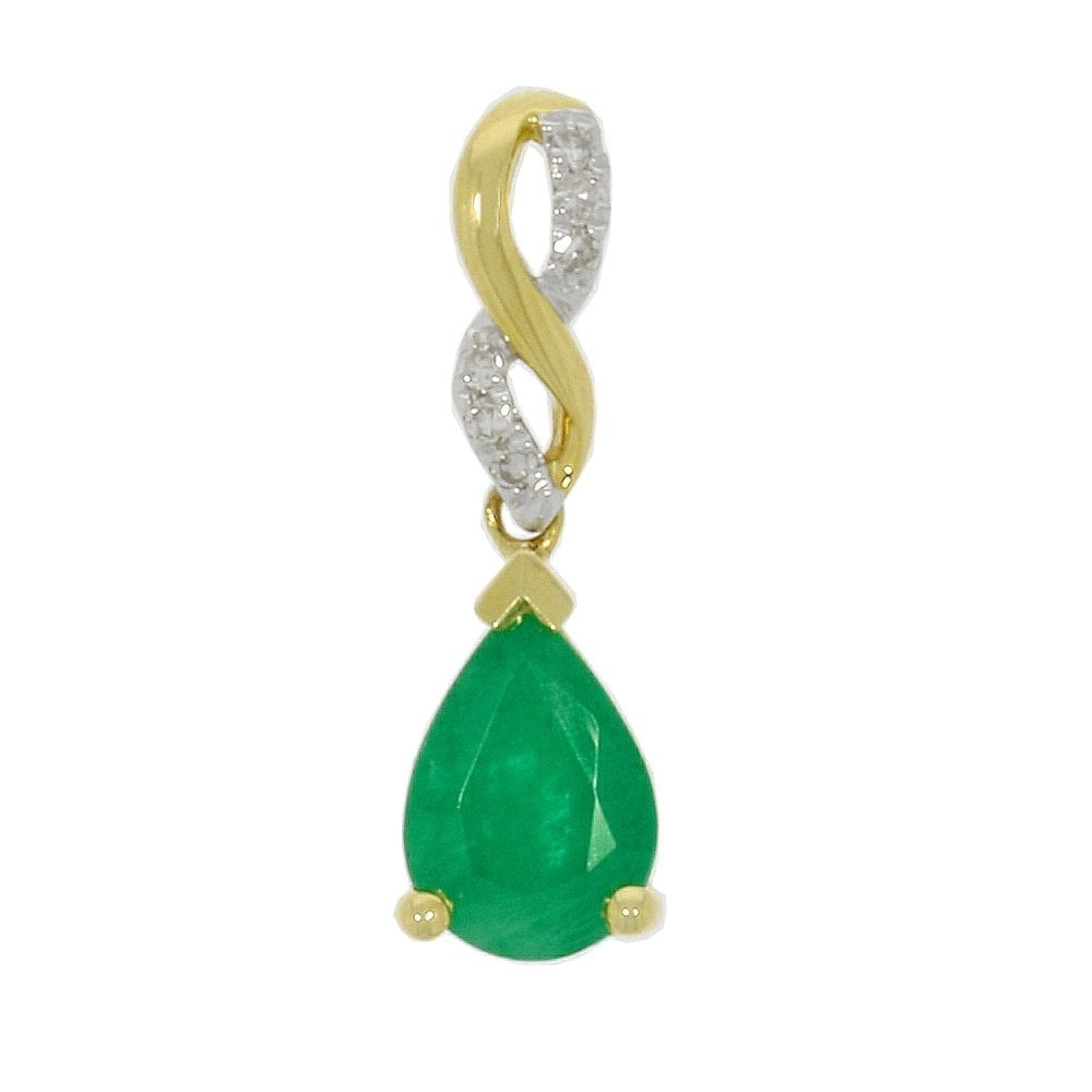 9ct Gold Teardrop(Pear) shaped Emerald with diamond infinity twist
