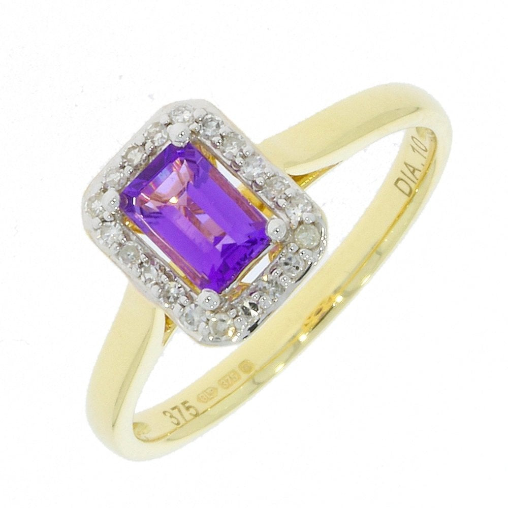 9ct Gold emerald cut Amethst & Diamond Ring with 0.1ct Diamond