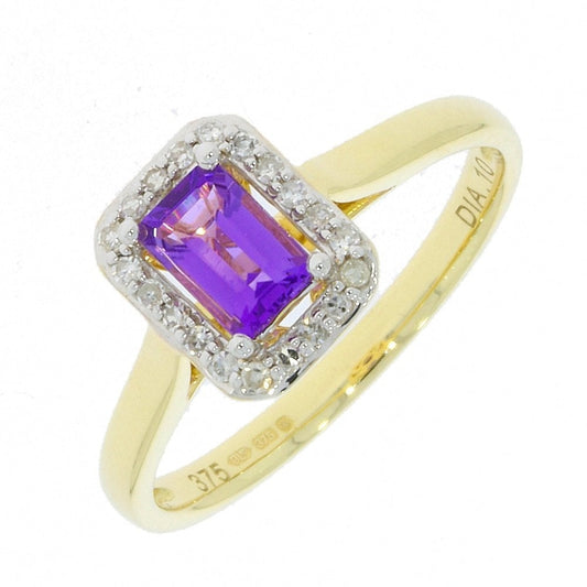 9ct Gold emerald cut Amethst & Diamond Ring with 0.1ct Diamond