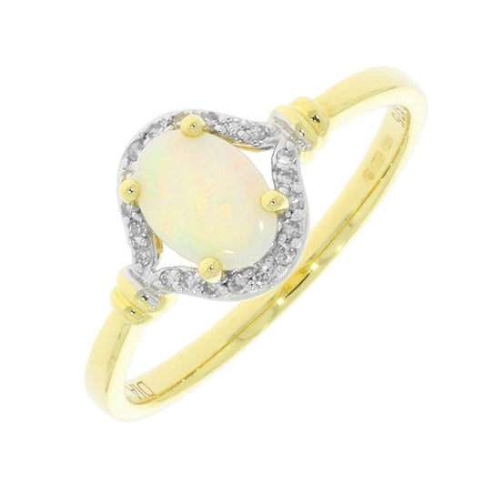 9ct Oval Opal & Diamond Ring with a Ribbon shaped Diamond setting (0.08ct Diamond)