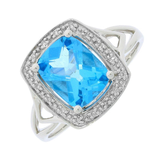 9ct White Gold Blue Topaz & Diamond Ring with 0.05ct Diamond
