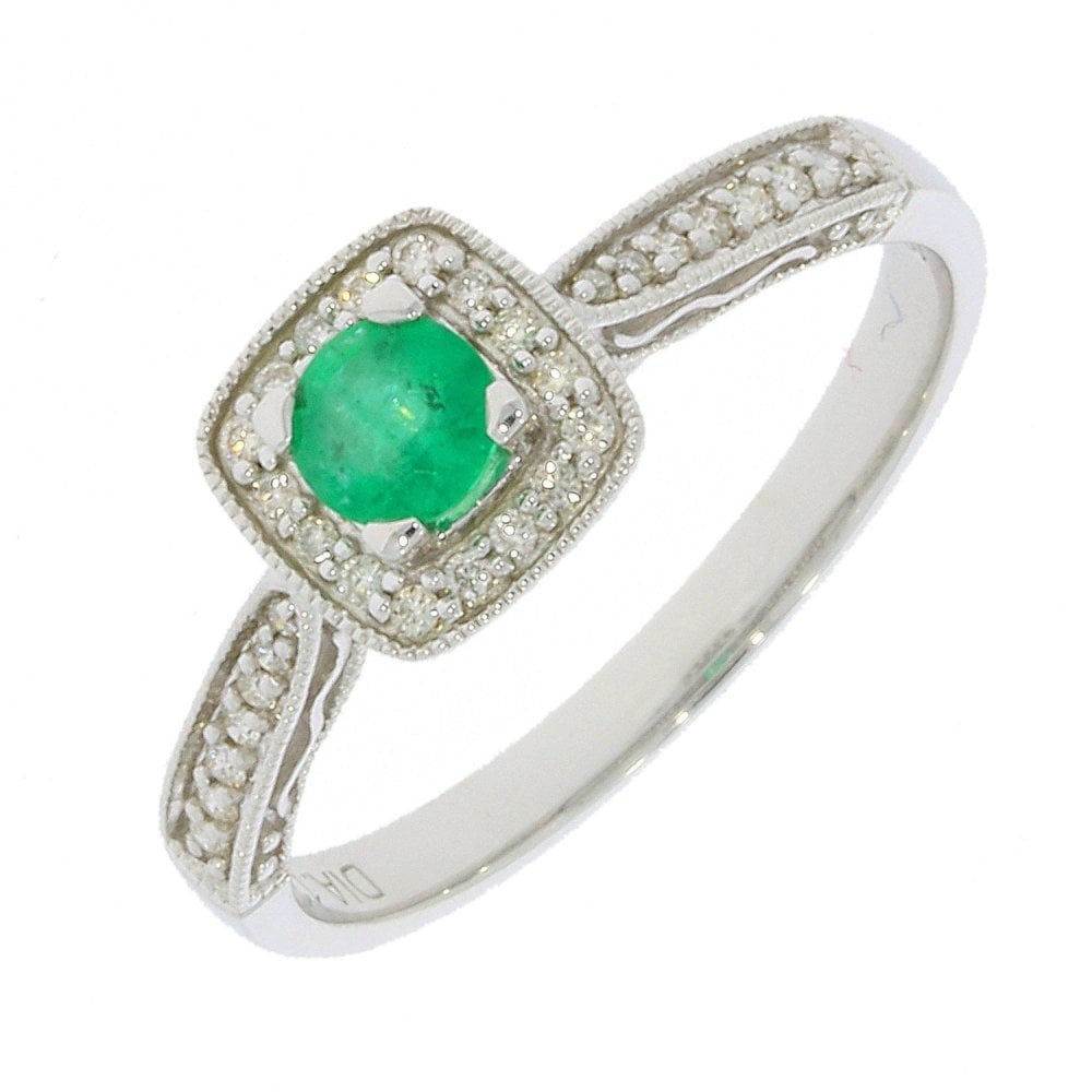 9ct White Gold Emerald & Diamond Ring with 0.12ct Diamond