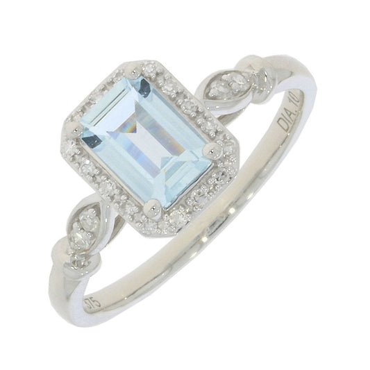 9ct White Gold Emerald cut Aquamarine & Diamond Ring with Diamond on shoulders