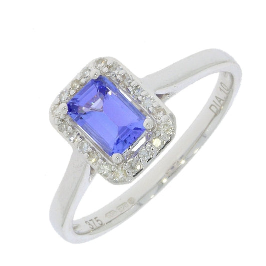 9ct White Gold Emerald cut Tanzanite & Diamond Ring with 0.1ct Diamond