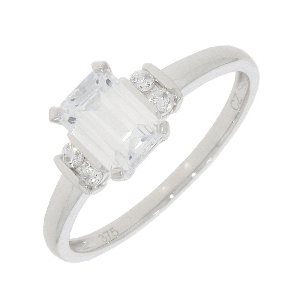 9ct White Gold Emerald cut zirconia stone ring with two zirconia's on either side