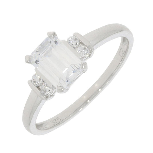 9ct White Gold Emerald cut zirconia stone ring with two zirconia's on either side