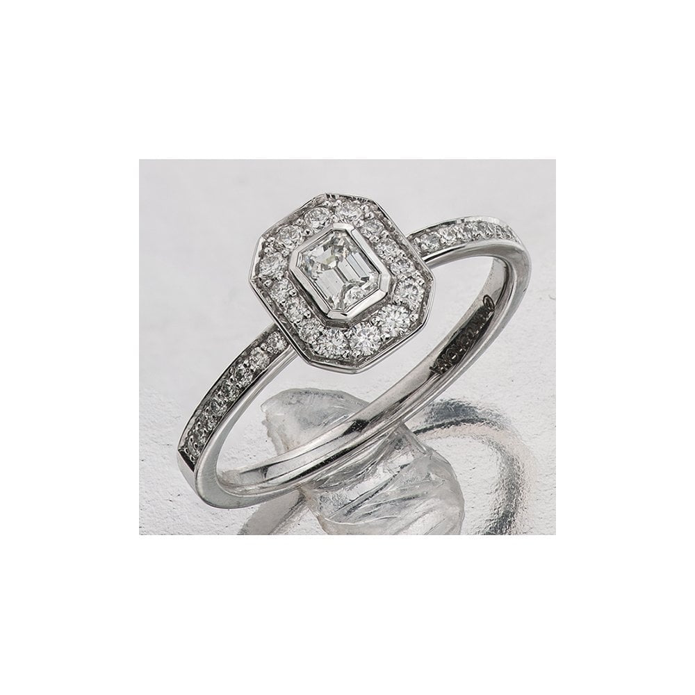 9ct White Gold Octagonal shaped Diamond Ring with Emerald cut centre Diamond