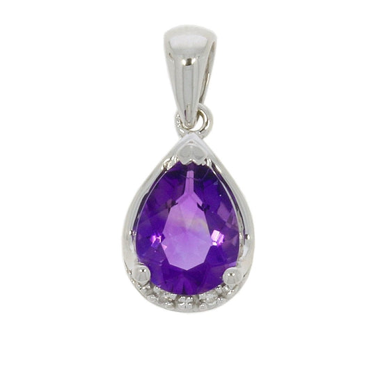 9ct White Gold Pear shaped Amethyst & Diamond Pendant