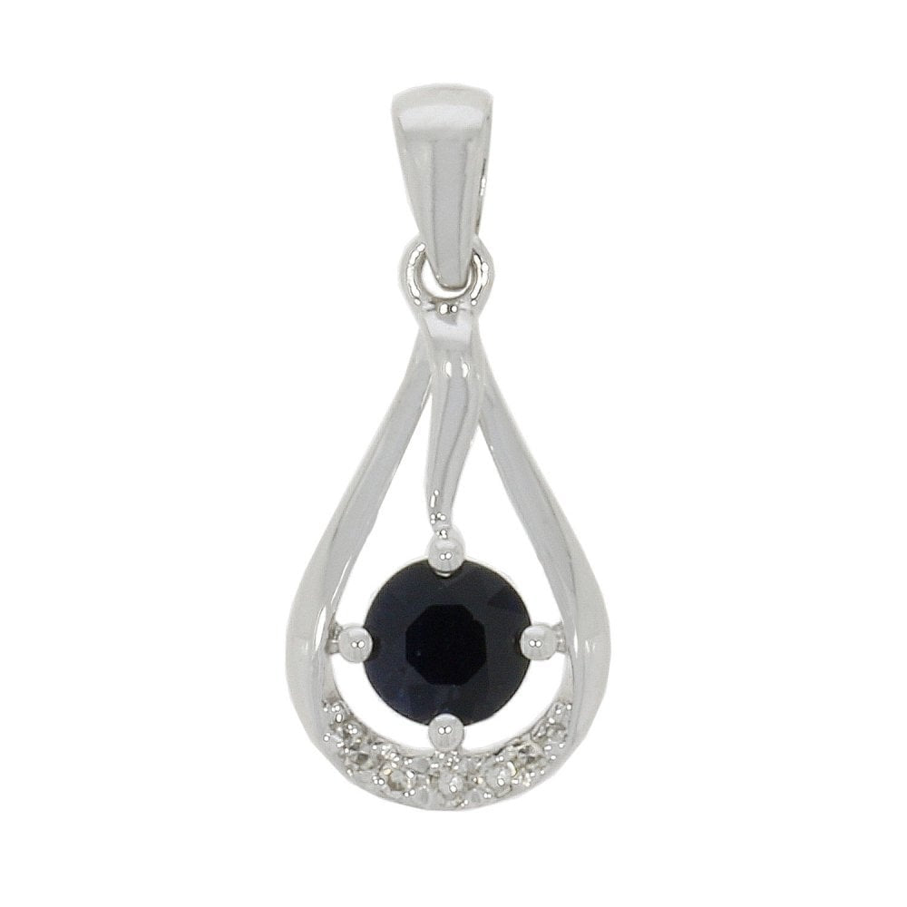 9ct White Gold Pear shaped Sapphire & Diamond Pendant
