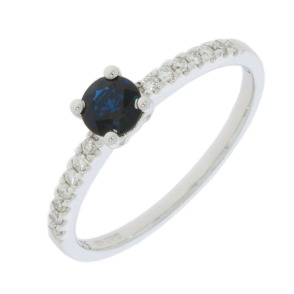 9ct White Gold Round Sapphire with 7 Diamonds claw set on either side (0.11ct)