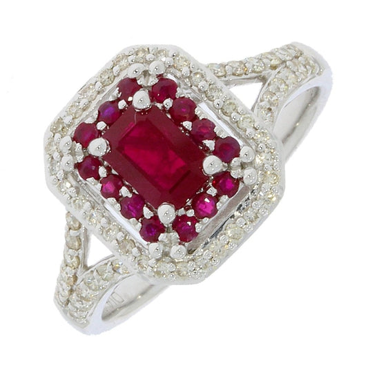 9ct White Gold Ruby & Diamond Ring with open split shoulders & 0.33ct Diamond