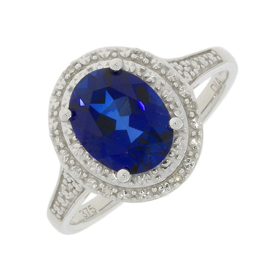 9ct White Gold Synthetic Sapphire & double halo Diamond with diamond shoulders